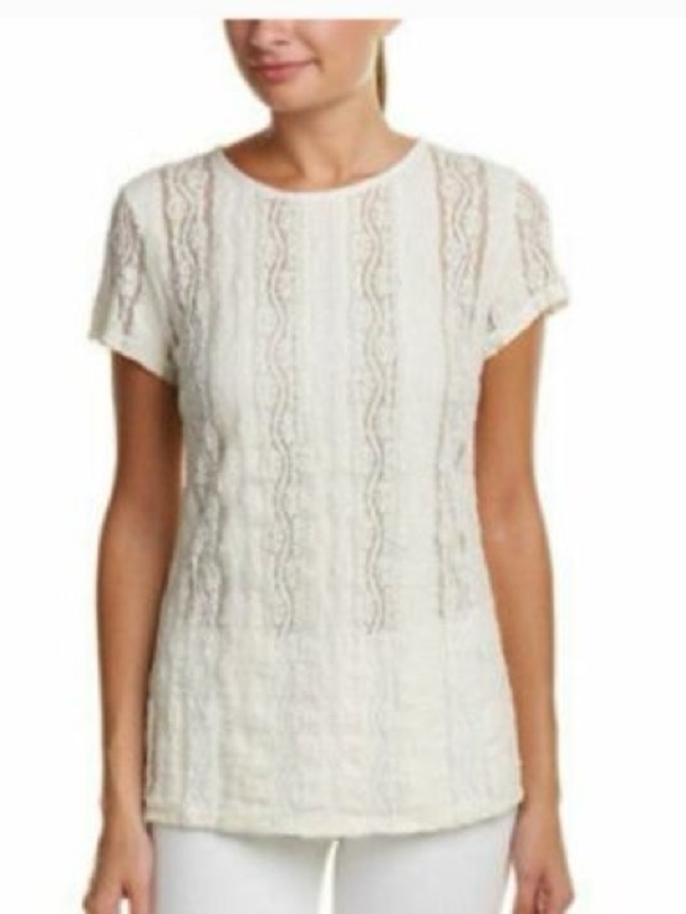 CAbi #260 Stretch Ecru Lace Short Sleeve Top Women’s L Coquette Semi-Sheer Boho - Picture 5 of 11